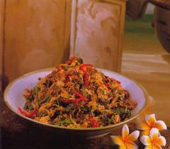 Jukut Urab balinese vegetables with shredded coconut. Mainski. Nusa Lembongan